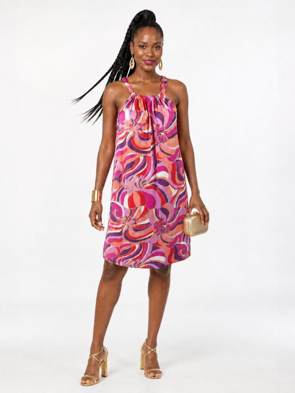 Trina Turk JuJu Retro Print Halter Dress Pink Multicolor Size M Mod Resort Beach